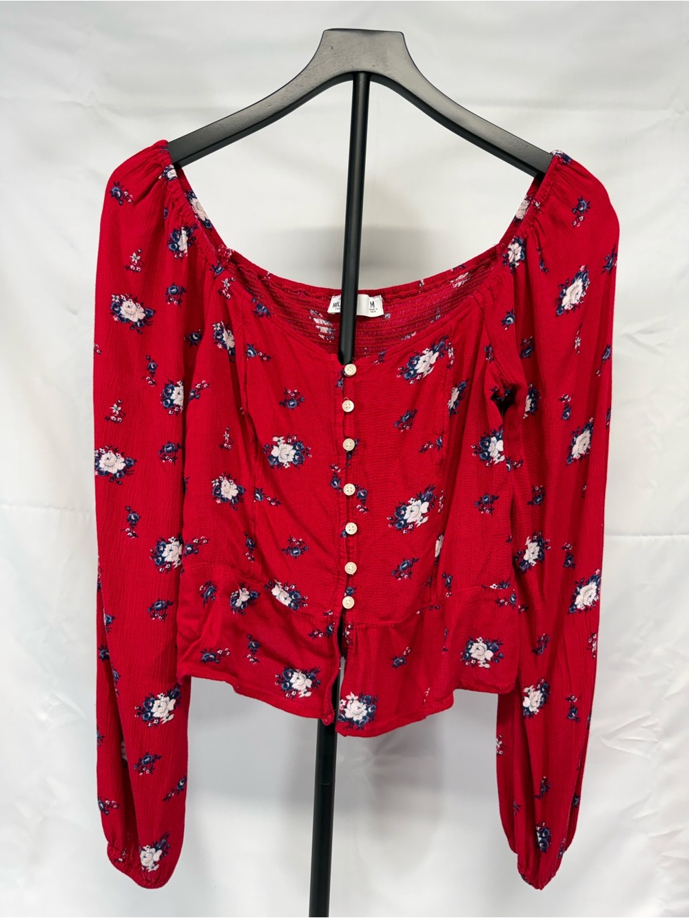 Hollister Red Floral Smocked Peplum Top Long Sleeve Button Front Medium
